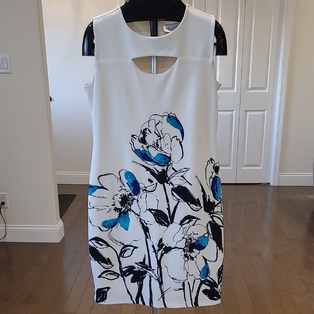 ARTEX White Sleeveless Black Teal Floral Print Midi Dress Size Large